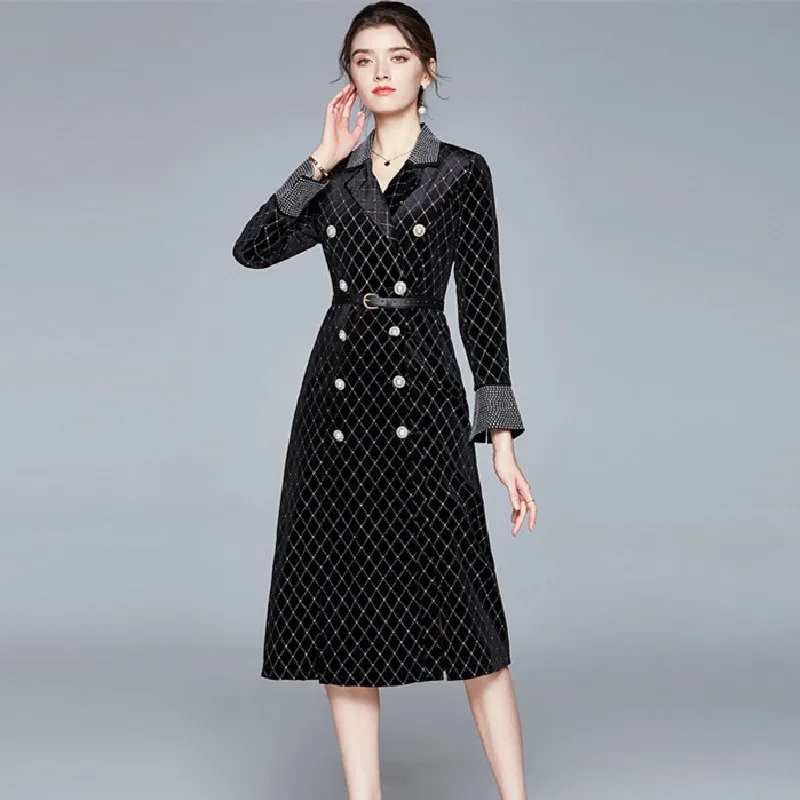 

Autumn Winter Trench Coat Women Velvet Jacket Double Breasted Lapel Fashion Slim Elegant Inlaid Diamond mid-lenght Women Coats