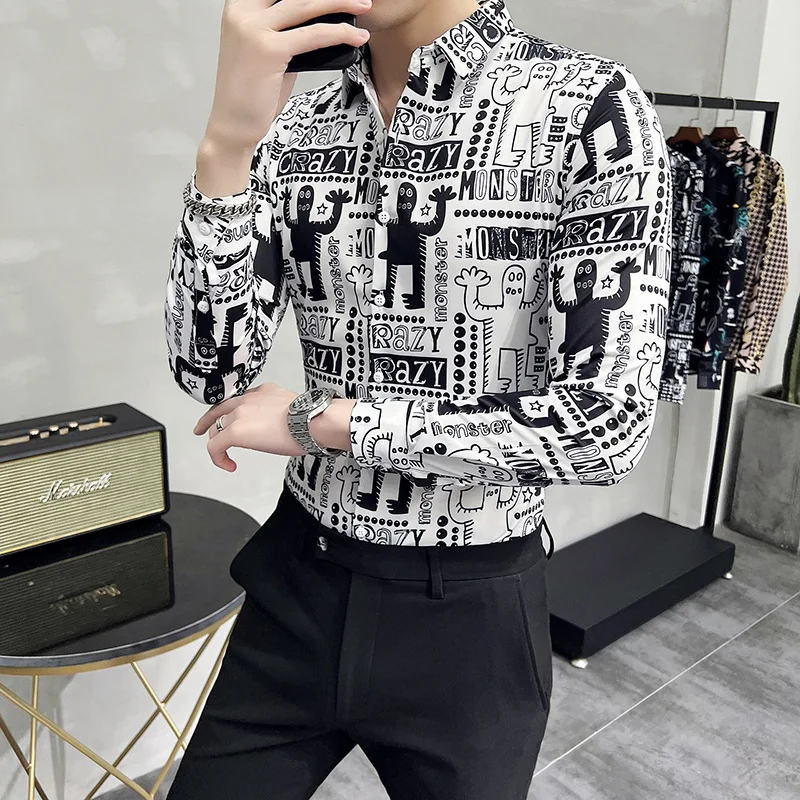

Cartoon Print Men's Shirt Long Sleeve Casual Shirt Slim Fit Streetwear Men Clothing Social Party Tuxedo Blouse Camisa Masculina