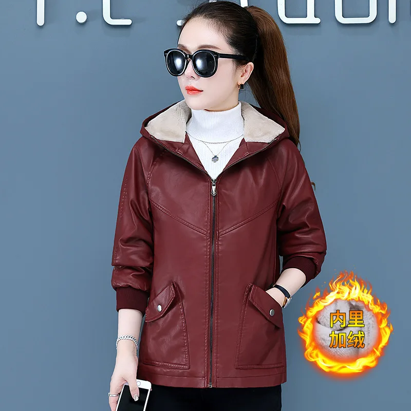Burgundy Red Fleece Thickened Leather Warm Jacket Women's Autumn  Winter 2022 Hooded Loose Suit Women's Leather Jacket