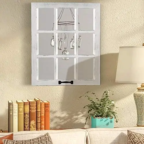 

Mirror-Distressed Wood Windowpane Mirror- Farmhouse Mirrors for WALL with Hanging Hardware for Bedroom Living Room Bathroom Kitc