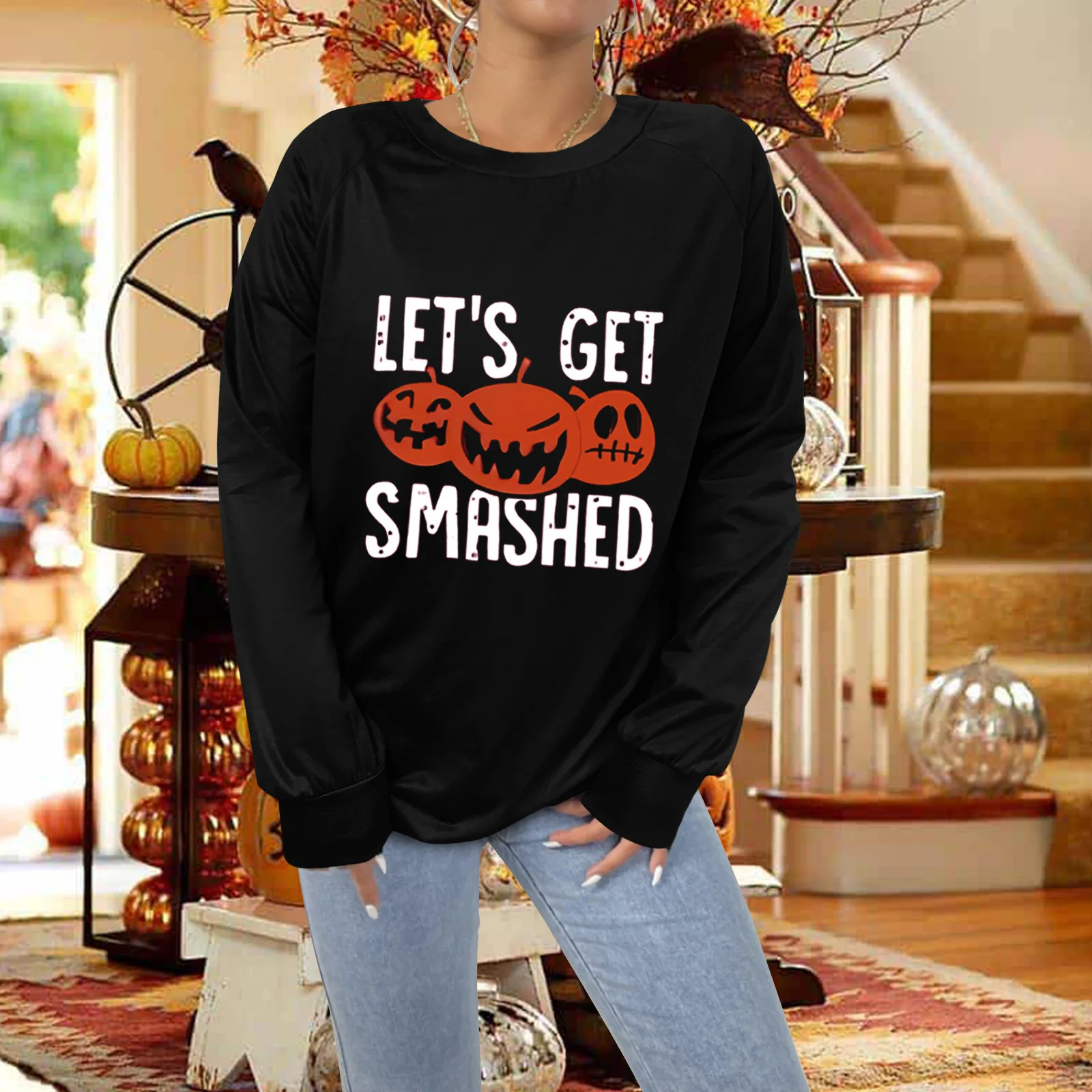 

Halloween Letter Print Style Fall Autumn Clothing Ladies Fashion Orange T-shirts Women's Female Graphic Tees Long Sleeve Blouse