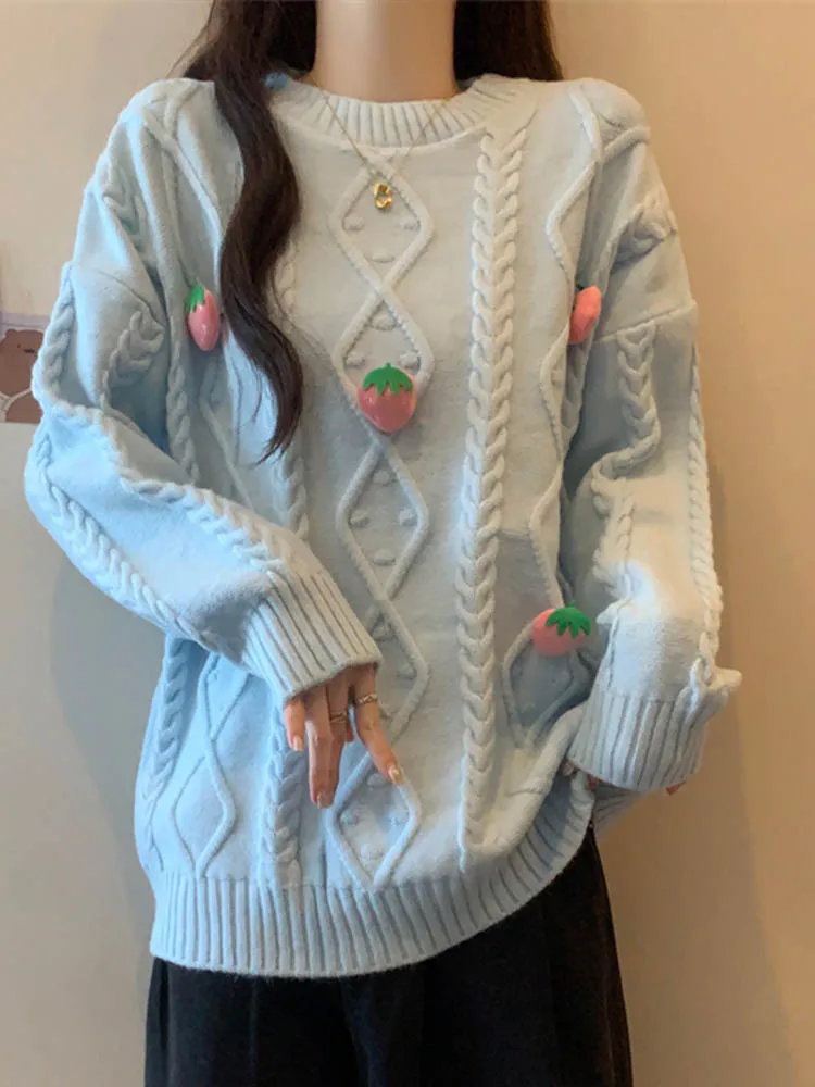 Съемный трехмерный клубничный пуловер для отдыха вязаный свитер новинка 2024