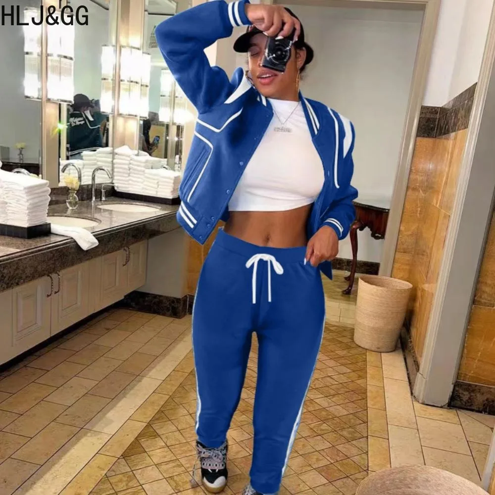 

HLJ&GG Fall Winter Baseball Two Piece Sets Women Button Long Sleeve Coat And Jogger Pants Tracksuits Casual Sporty 2pcs Outfits
