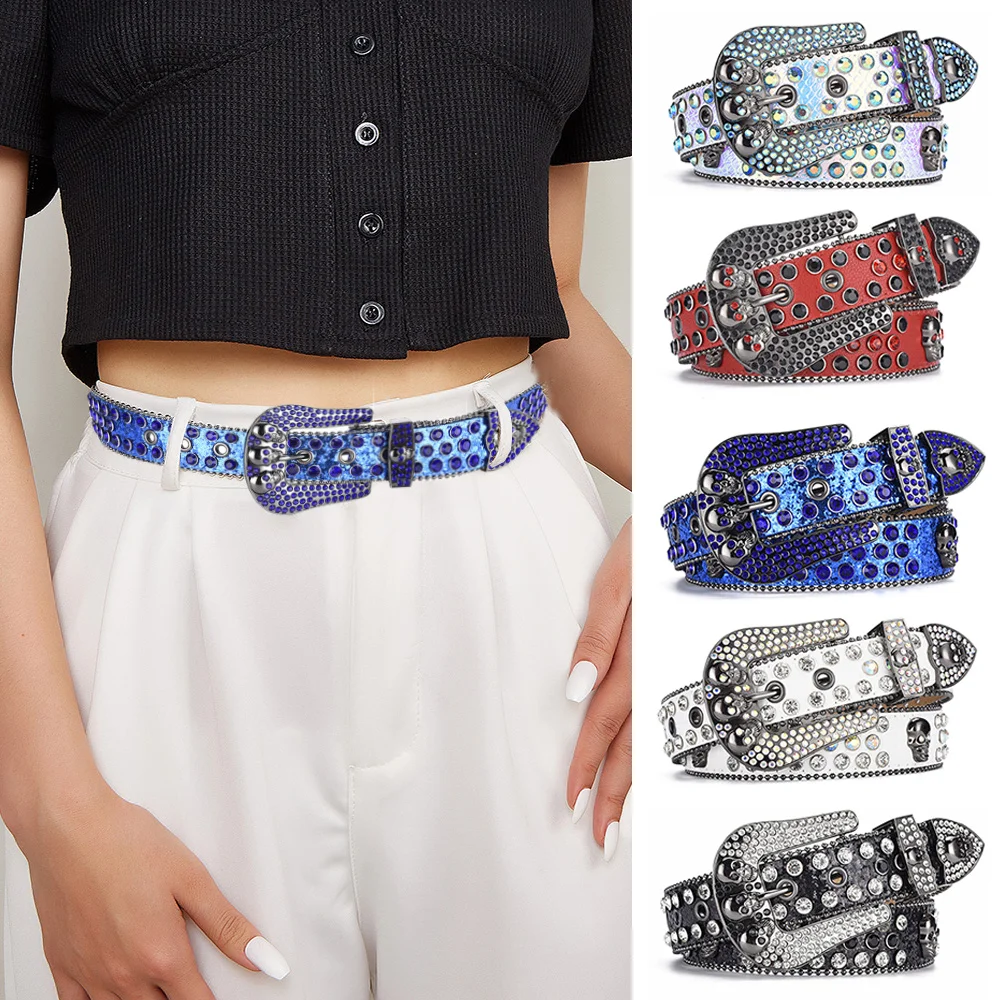 

Модный Блестящий ремень Y2K из искусственной кожи с заклепками в виде черепа