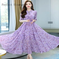 2022 summer new arrival dresses short sleeve flower printed for women boho korean maxi chiffon long dress