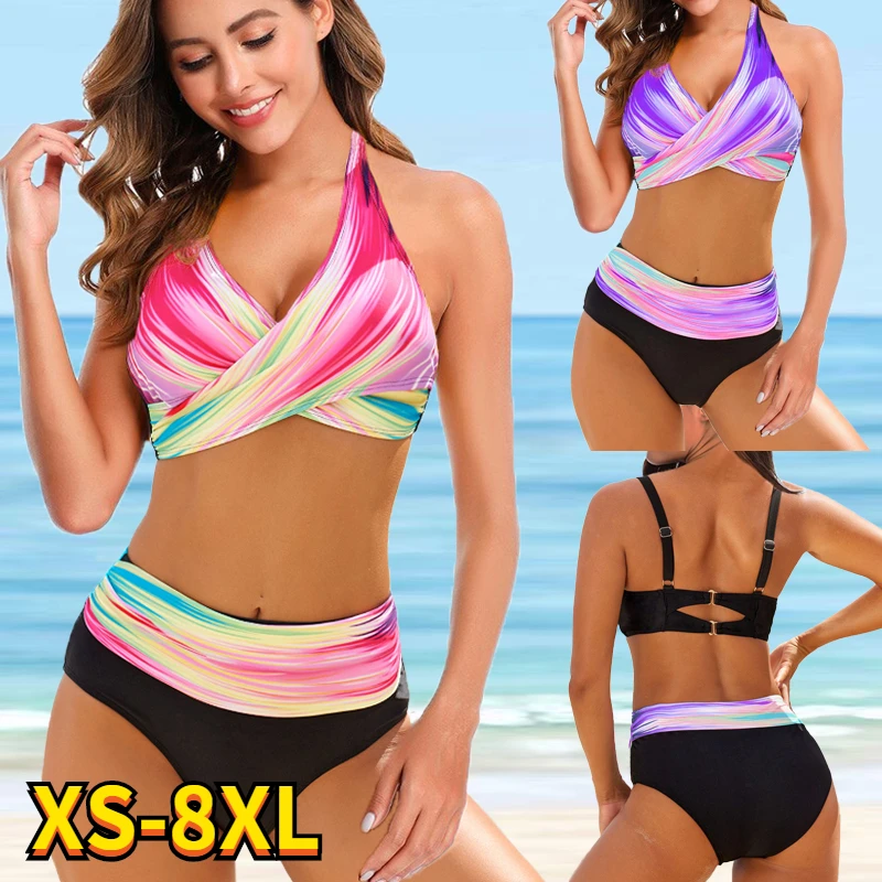 2022 Women Sexy High Waist Bikini Set Female Plus Size Rainbow Print Swimsuit Tankinis Summer Brazilian Plus Size Beach Swimwear
