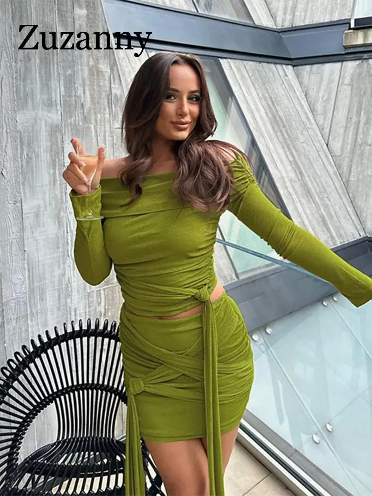 

Zuzanny Bandage Women Dress Set Sexy Party Outfits Off Shoulder Long Sleeve Crop Top Bodycon Mini Skirt Matching 2 Piece Set