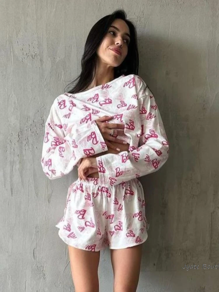Рубашка с длинным рукавом и шорты буквенным принтом домашняя одежда из смески