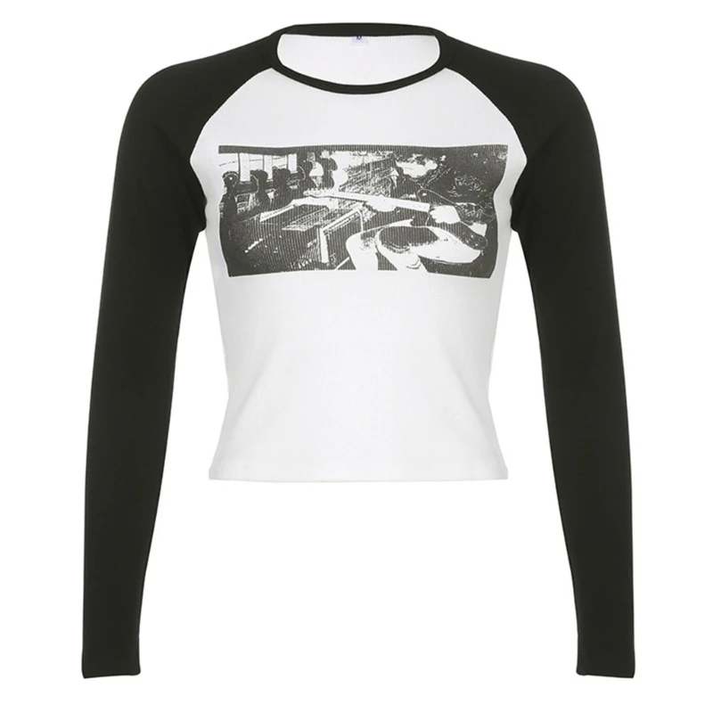 

Women Round Neck Colorblock Raglan Long Sleeve Crop Top Grunge Aesthetic Abstract Graphic Print Slim T-Shirt Streetwear A5KE