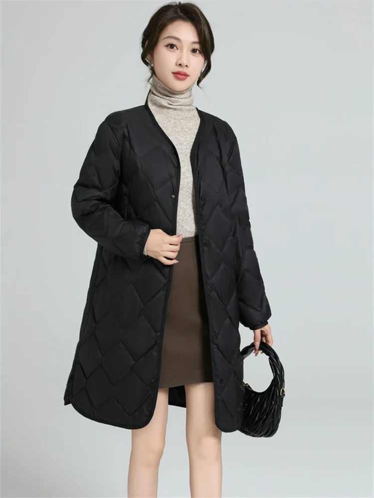 Зимняя ромбовидная сетчатая куртка большого размера с V-образным вырезом женское