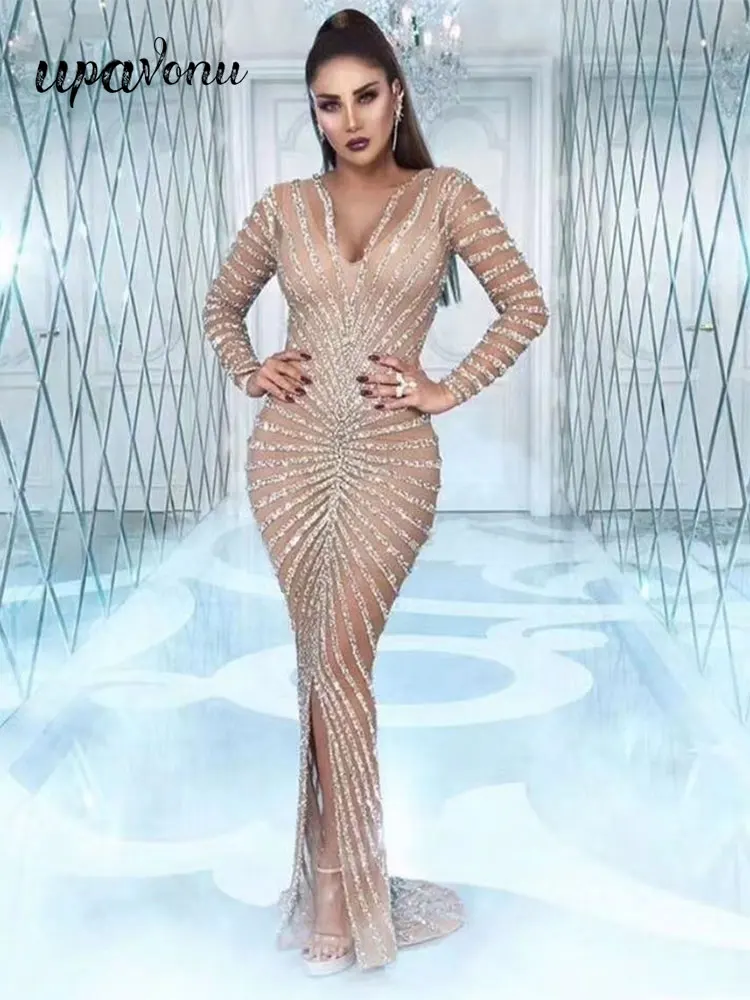 

Fashion Sequin Panel Mesh Long Dress Women's V Neck Long Sleeve Front Split Bodycon Sheer Celebrity Club Evening Party Vestidos