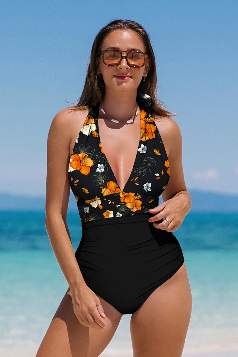 

Popvil Women Clothing Swimwear Beach Outfits Mixed Flower Print Lace-up One-piece Swimsuit V-Neck Halterneck Sexy Resort Bikini