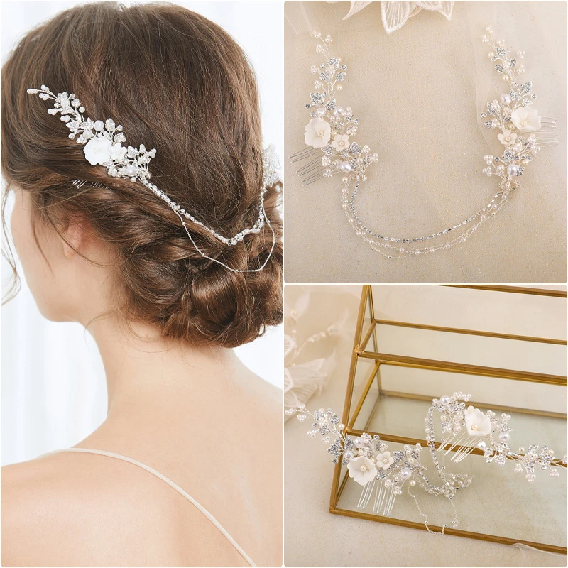 

Trendy Elegant Wedding Hair Combs for Bride Crystal Rhinestones Pearls Women Hairpins Bridal Headpiece Hair Jewelry Accessories