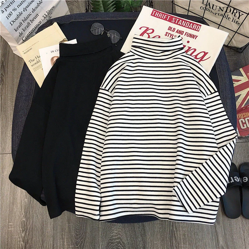 

Women's long sleeve top Woman clothing tops Striped wear winter bottoming shirts, solid color warm tops women's long-sleeved cas