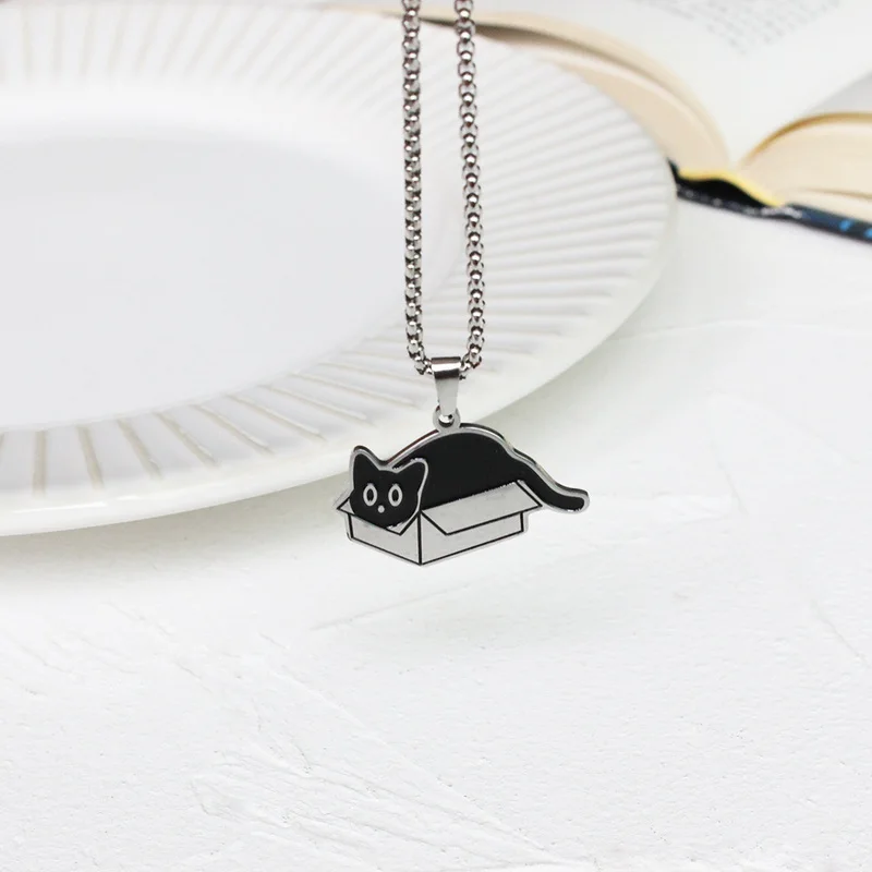 

Cute Black Cat Animal Pendant Necklace for Women Men Stainless Steel Chain Choker Couple Jewelry Book Box Fish Fancy Party Gift