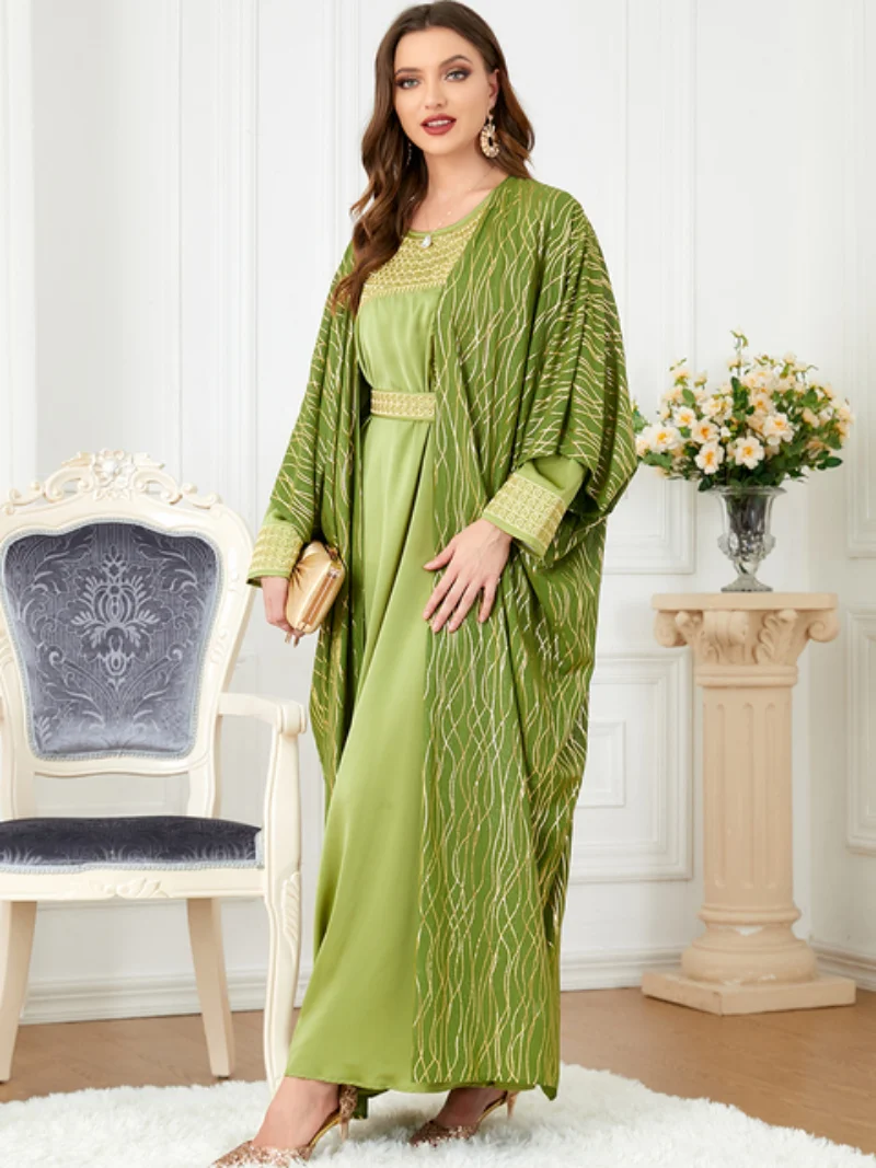 Black Luxury Abaya Modest Fashion Muslim Dresses Abayas For Women 2 Piece Sets Embroidery Belt Moroccan Kaftan Ramadan
