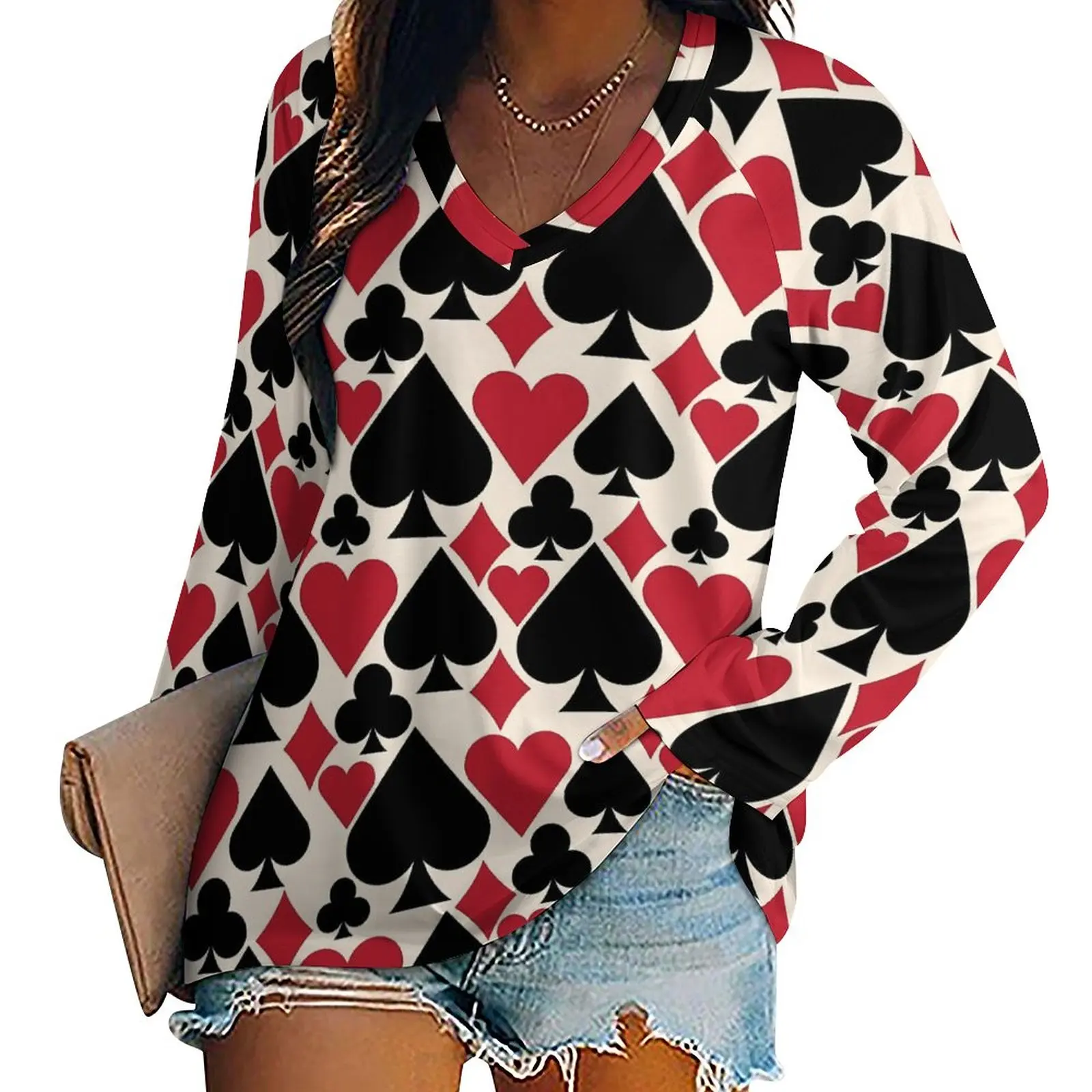 

Poker Cards T Shirt Casino Fun Trendy Long Sleeve T-Shirts Women V Neck Korean Fashion Tshirt Oversize Design Clothing