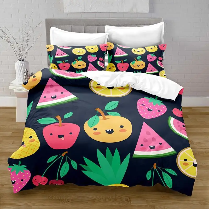 

Soft Polyester Bedding Set for Kids Teens Cartoon Fruit Duvet Cover Set Watermelon Pineapple Lemon Banana Japanese Style Print