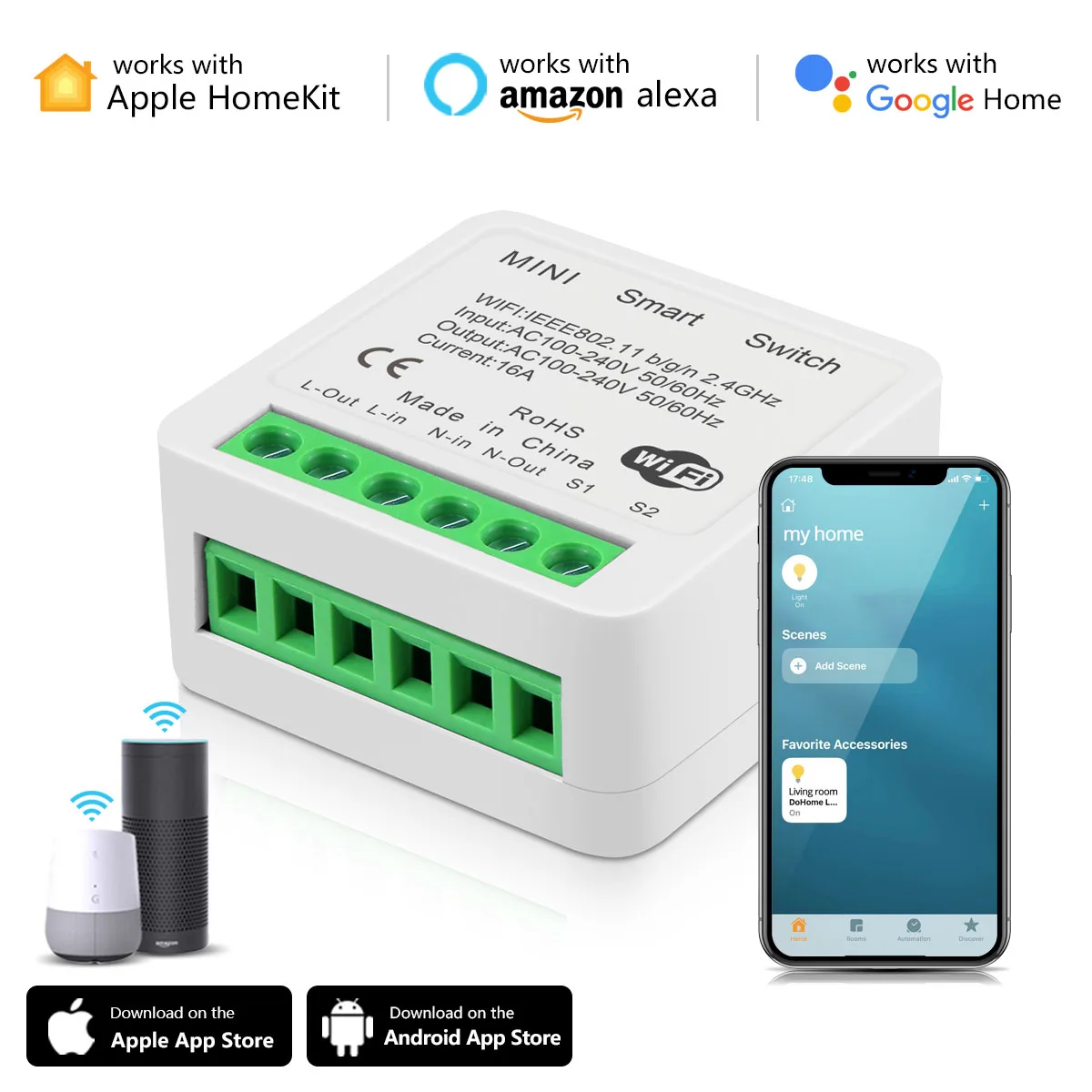 

Apple HomeKit Smart WiFi Relay Switch Mini Breaker Module 16A Wireless Voice Control Work With Siri Alexa Google Assistant Home