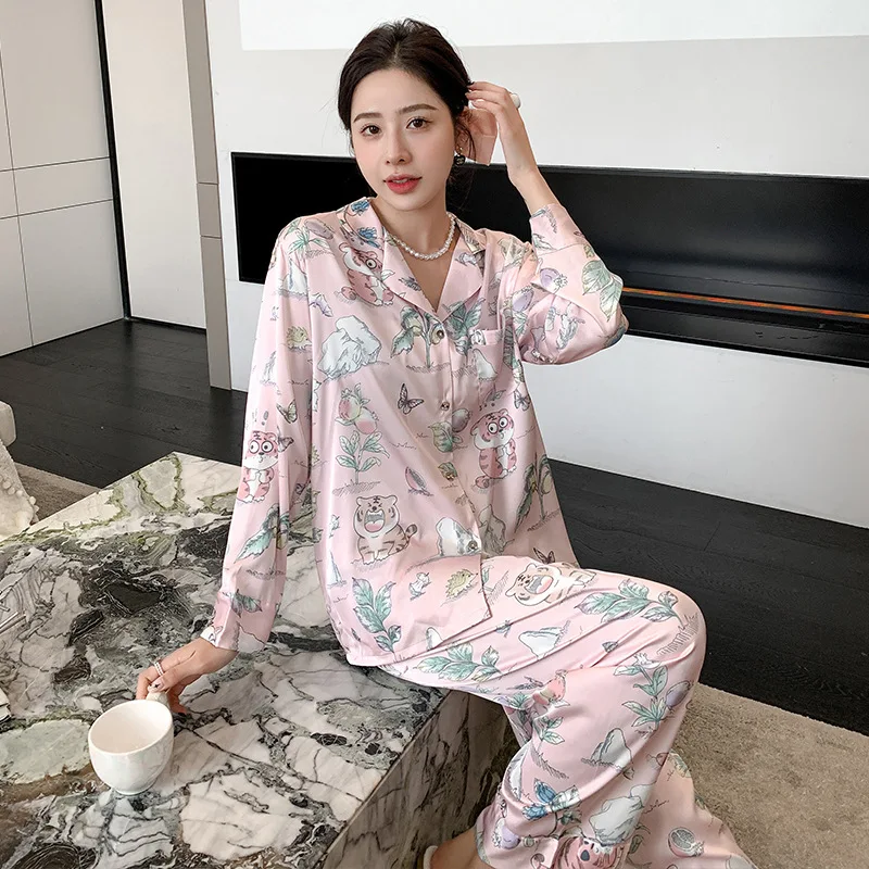 2023 Autumn Ice Silk Pajamas Women's Long-Sleeved Tiger Printed Pajamas Suit High-Grade Internet Celebrity Homewear