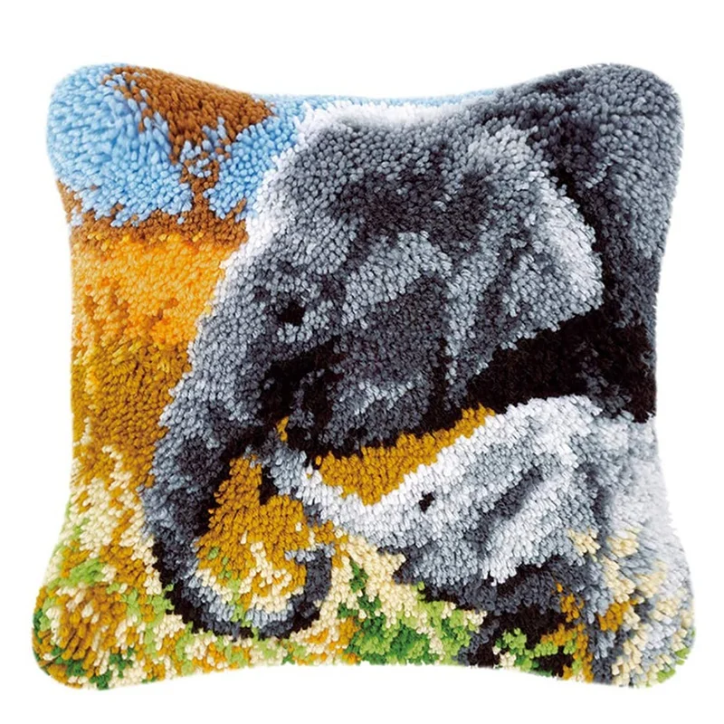 

Latch Hook Kits Cushion Cover Pillowcase Embroidery DIY Kit For Adults And Kids, Elephants, 16.5 Inchx16.5 Inch