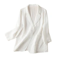 white summer blazer women thin office lady pockets linen flax three quarter sleeve notched single breasted womens blazers