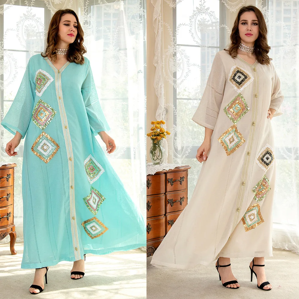 Ab185 Sweet Party Muslim Abaya Cotton and Linen Temperament Four Sides Sequin Embroidery Flower Skirt Loose Version Fashion Gown