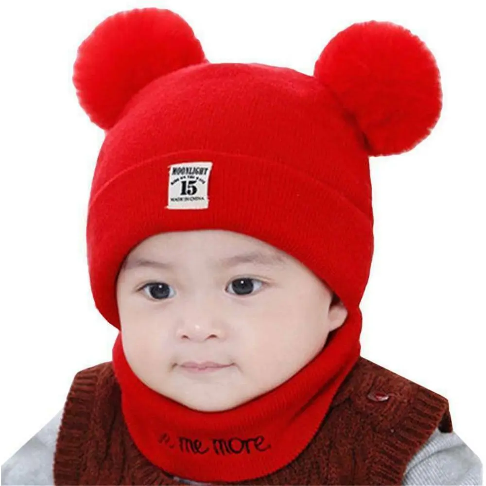 

Boys Girls Cute Pom Windproof Warm Kids Knitted Hat Hat Scarf Set Baby Beanie CapFor 0-24 Months