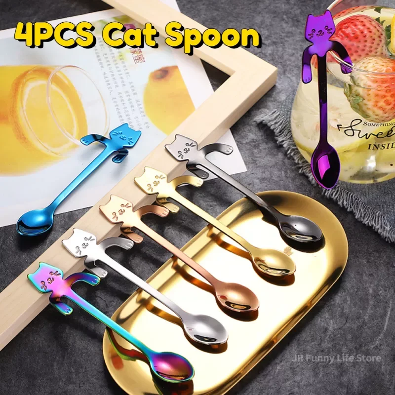 

2023NEW Cute Cat Spoon Set 304 Stainless Steel Coffee Spoon Long handle Teaspoon Tableware Set Bar Tool Dishwasher safe Party Gi