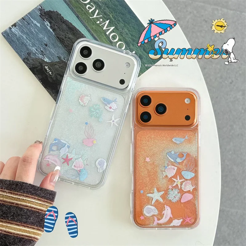 Фото Чехол для iPhone 17 Pro Max 16 15 с блестками, жидким песком и динамическим эффектом: плавающие дельфины и киты, прозрачная крышка с динамическим движением песка №4