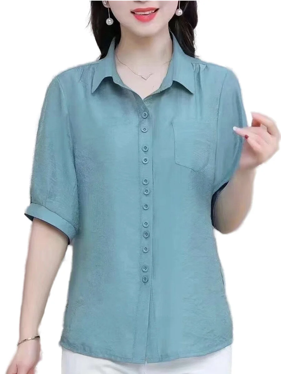 

5XL Women Spring Summer Blouses Shirts Lady Fashion Casual Short Sleeve Turn-down Collar Solid Color Blusas Tops CT0715