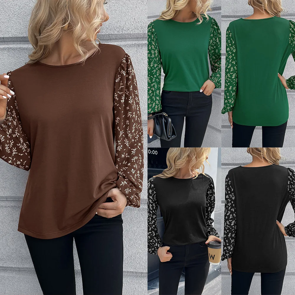

Mandylandy Women Elegant Autumn Winter Loose Floral Print Loose Shirt Top Fashion Casual Long Lantern Sleeve O Neck T-shirt