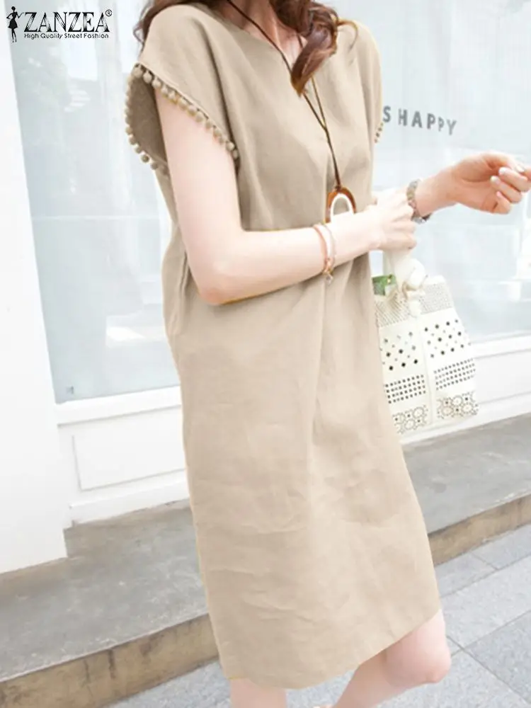 

Модные Повседневные Элегантные платья ZANZEA, летнее женское однотонное платье, хлопковый сарафан с круглым вырезом без рукавов длиной до кол...