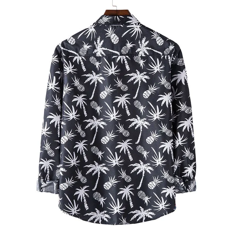 Mattswag Hawaiian Printed Long Sleeve Shirt For Men Spring Autumn Breathable Men's Clothing Loose Fashion Casual Dress Shirt 3XL