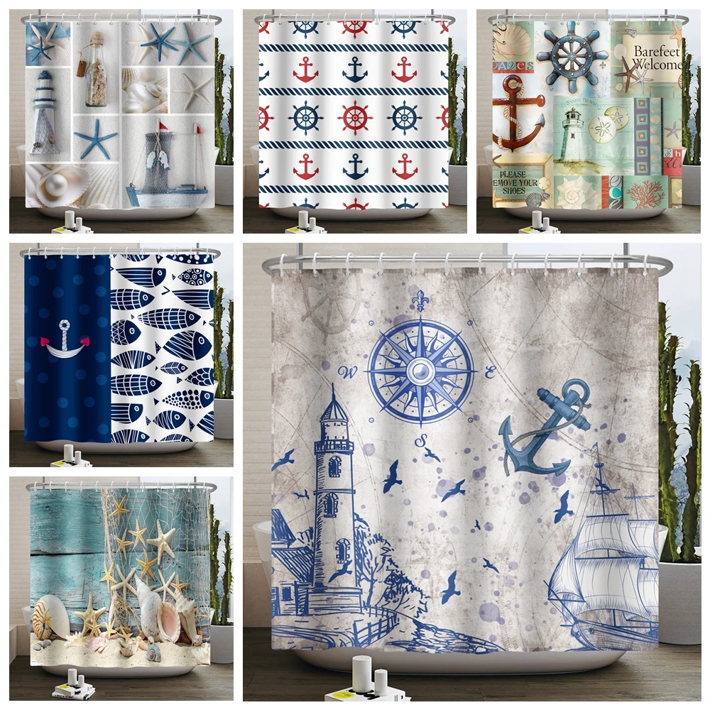 

Nautical Shower Curtain Sailboat Map Lighthouse Compass Anchor Pirate Vintage Shower Curtain for Bathroom Waterproof Home Decor