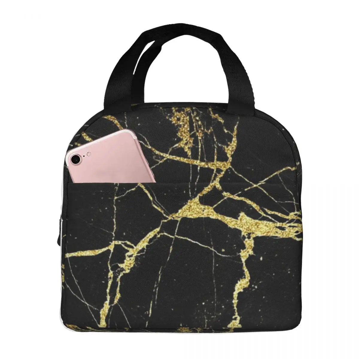 Lunch Bag for Men Women Black And Gold Marble Insulated Cooler Waterproof Picnic Work Oxford Lunch Box Handbags