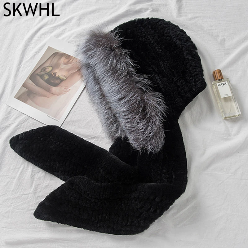 Women Knitted Real Rex Rabbit Fur Hat Hooded Scarf Winter Hats for Woman Fall Cap Warm Natural Fur Hat with Neck Scarves Bonnets