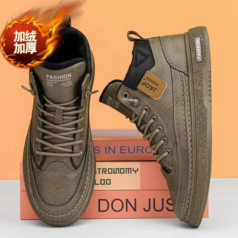 

Мужские кожаные ботинки, новая зимняя теплая Модная Повседневная обувь на платформе для мужчин, бархатные универсальные рабочие уличные хлопковые ботинки