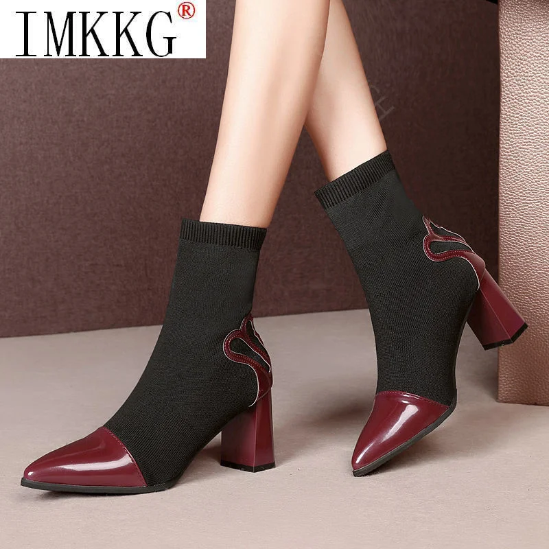 

Женская обувь, осень 2023, ботинки-носки на толстом каблуке, новые тонкие ботильоны с острым носком, универсальные черные эластичные ботинки на высоком каблуке