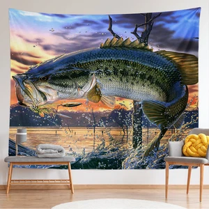Vintage Fish Tapestry Wall Hanging 3D Perch Ocean Beds Heads Fabric Art Beach Picnic Mat Bedroom Home Decoration Accessories