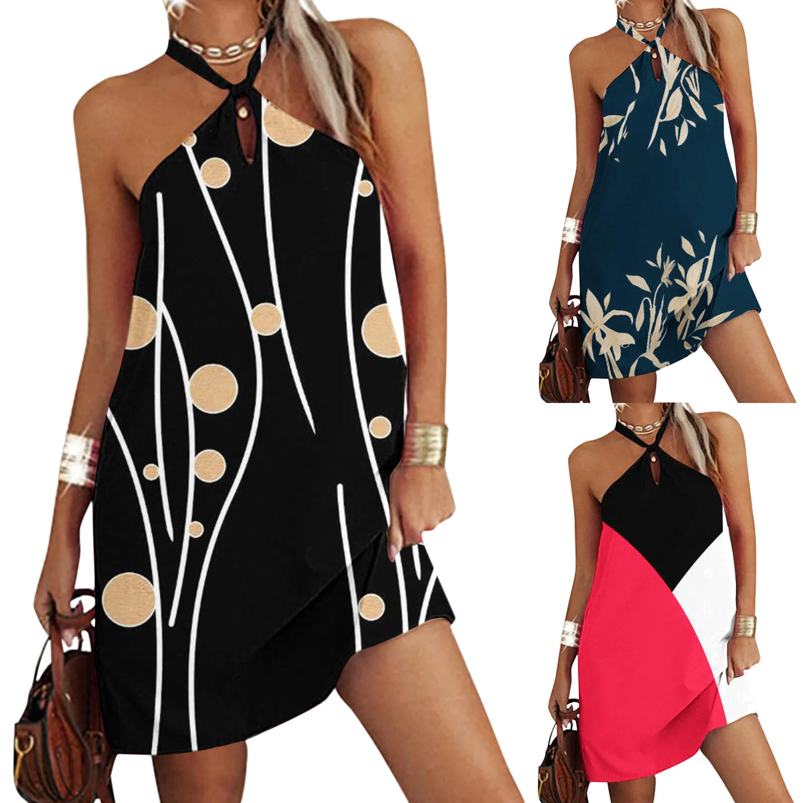 

Sexy Cross Halter Neck Strap Dress Women Oversized Backless Loose Tank Summer Dress Summer Sleeveless Beach Boho Dresses платье