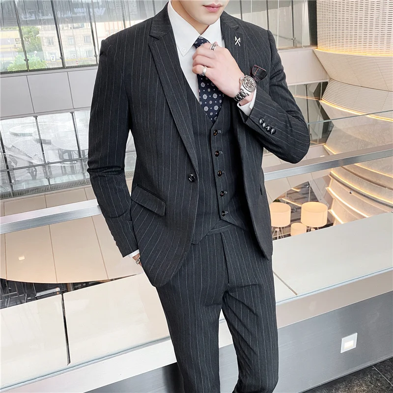 

High-end Social Formal Suit 3 Pcs Set ( Jacket + Vest + Pants ) Boutique Fashion Mens Plaid Casual Business Suit Groom Wedding