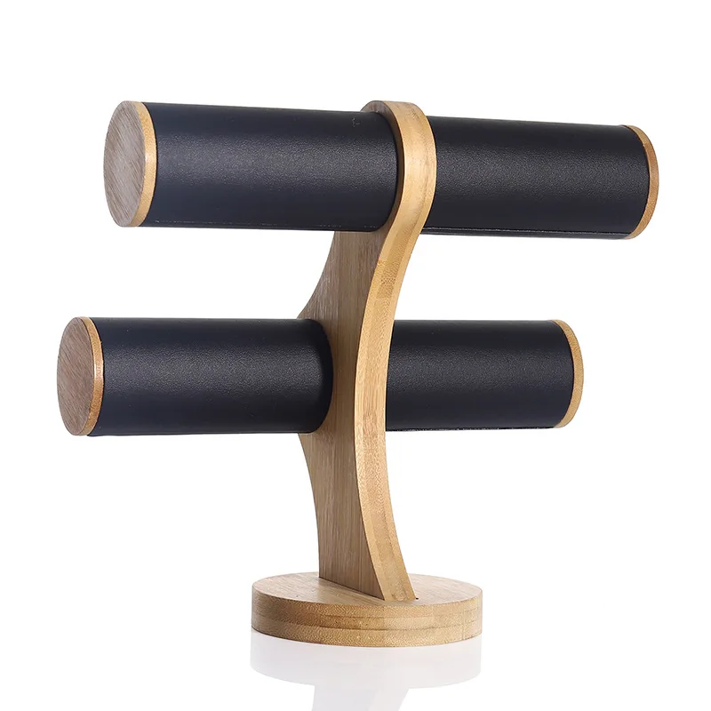 2 Tiers Display T Bar Stand Home Bracelets Organization Jewelry Showcase Watch Storage Bangle Organizer Table Top Wooden Holder