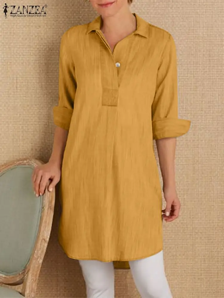 

2023 ZANZEA Fashion Women Lapel Neck Long Sleeve Blouse Spring Female Work Tops Tunic Elegant Shirt Casual Solid Cotton Blusas