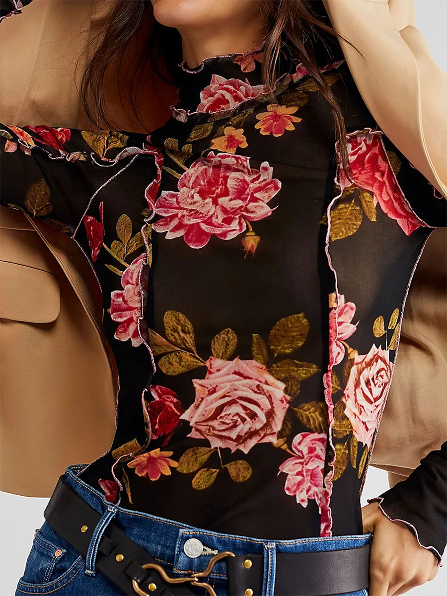 Женская облегающая блузка с длинным рукавом и ложным воротником