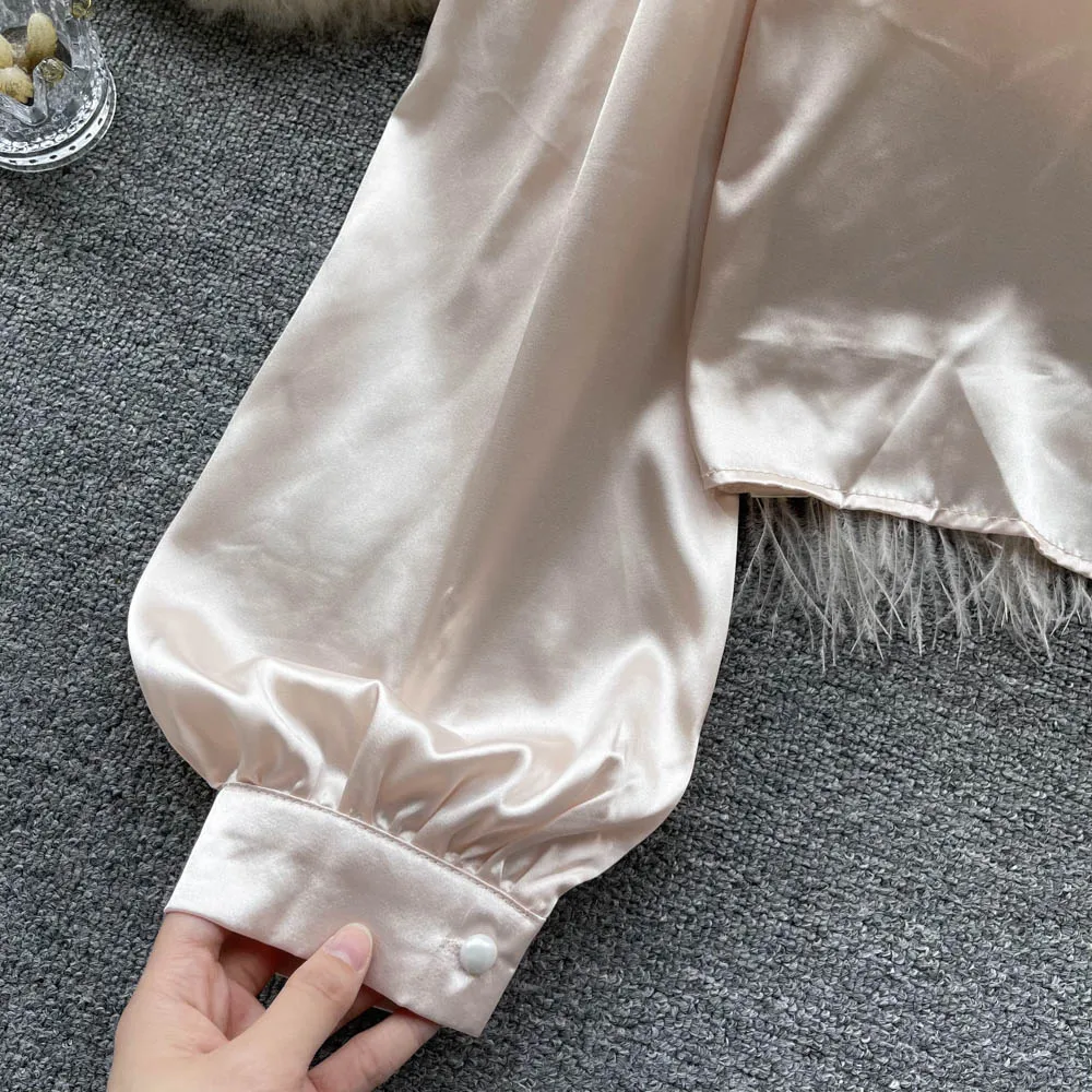 Женская атласная рубашка с длинным рукавом элегантный укороченный топ
