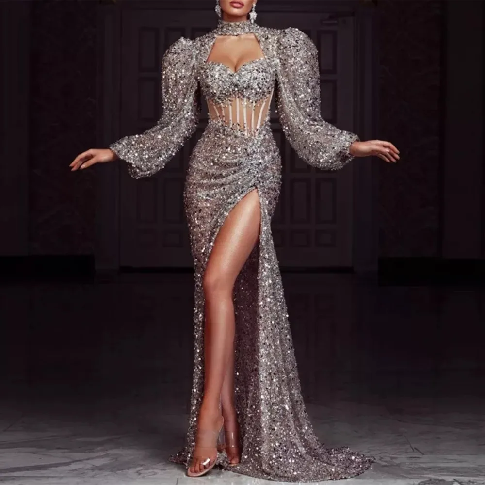 

Shinny Sequins Mermaid Prom Dresses High Neck Full Puff Sleeves Wedding Party Formal Evening Gowns Customize Robes De Soiree