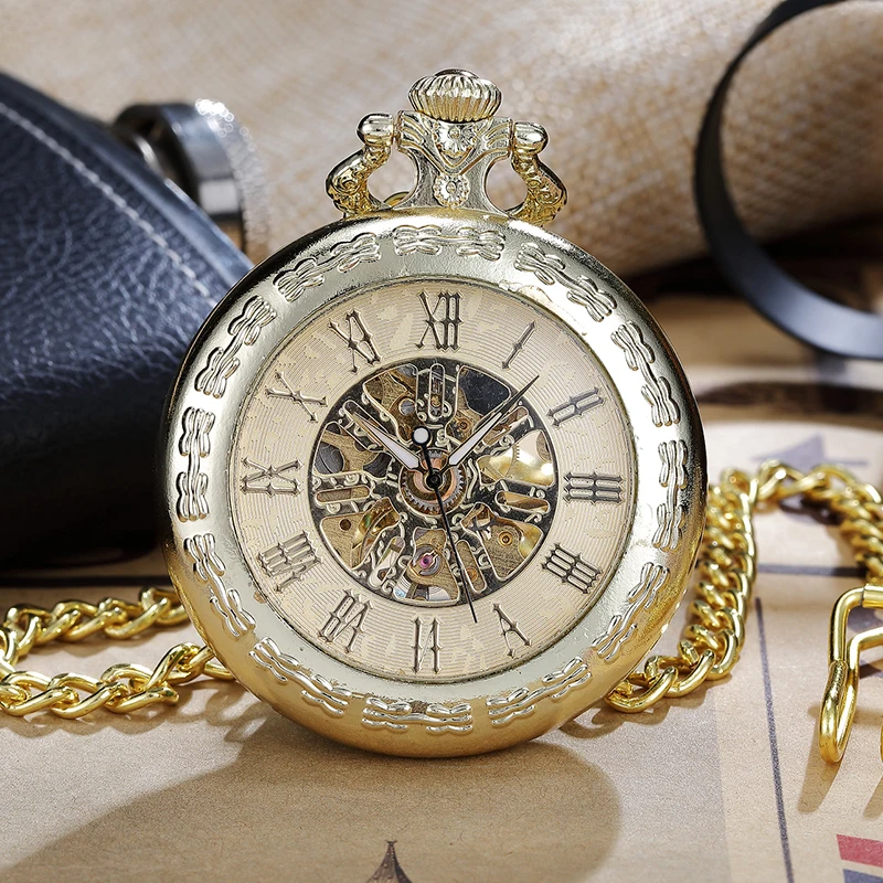 Vintage Golden Skeleton Steampunk Mechanical Pocket Watches Roman Numerals Hand-Wind with Chain Men Women Clock Fashion Gift New