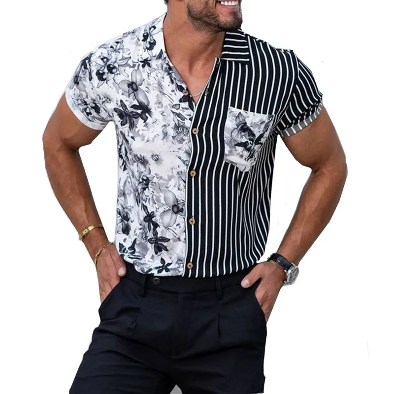 2022 Summer New Mens Vintage Black White Striped Shirt Luxury Short Sleeve Hawaii Beach Shirts For Men Blusas Camisa Masculina