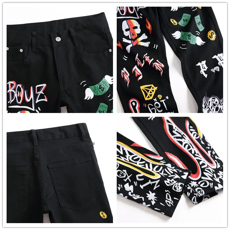 Fashion Men Skull Print Nightclub Hip Hop Jeans 2023 Spring Mens Black Denim Pants Streetwear Harajuku Jean Trousers Jeans Homme